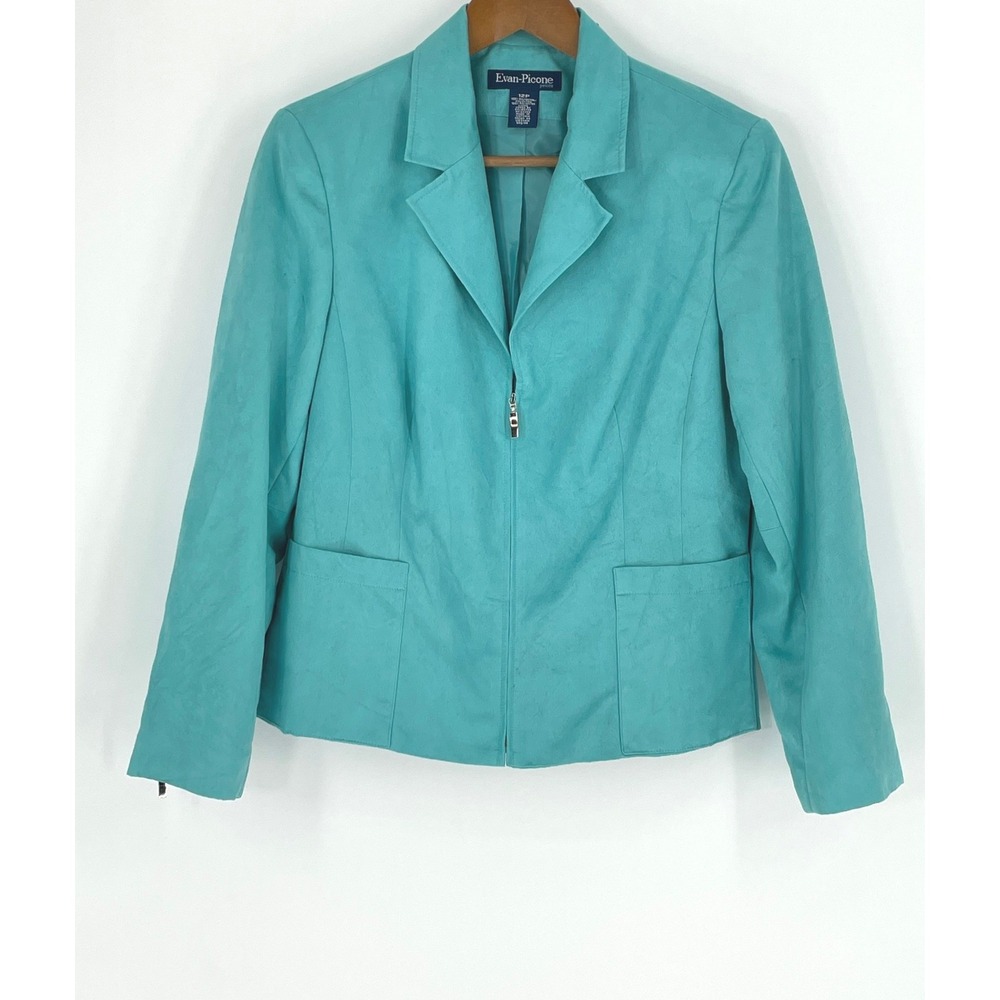 Excellent Evan-Picone Womens Blazer 12P Jacket Teal Faux Suede Zip Front Petite